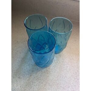 Vintage Anchor Hocking Madrid Aqua Blue Tumblers Glasses Set of 3 Quilted Diamon